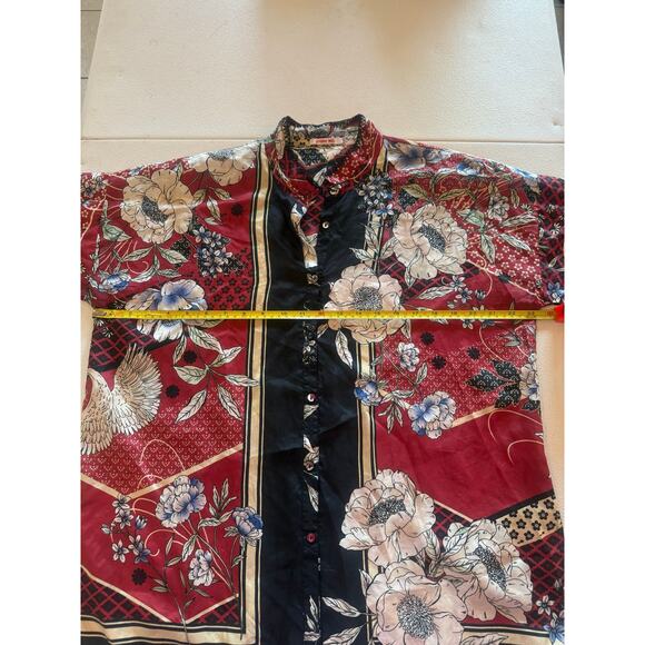 Johnny Was Floral 100% Silk Red Black Patchwork Boho Festival Top Sz XS - Picture 6 of 6
